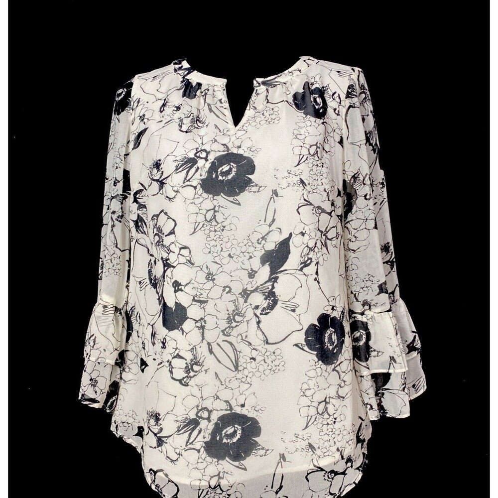 Talbots Top XS White Black Floral Peasant Tier 3/4 Sl Blouse Flowy V Neck